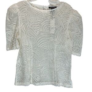 New Gracia Cream Sheer Textured Top with Embroidered Satin Ribbon - Medium